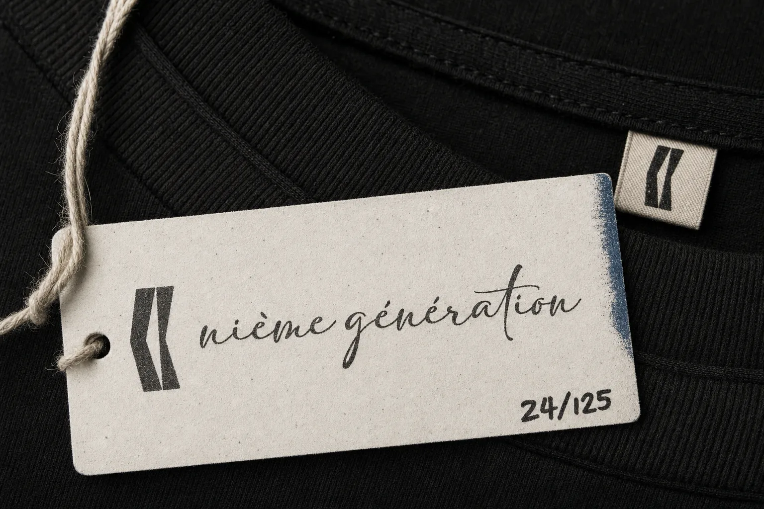Recycled board hangtag printed with the nième génération script logotype and a woven label on black jersey