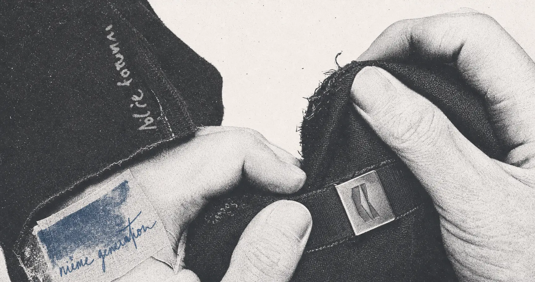 Close-up of hands holding a garment hem with a metal nième génération hardware plate
