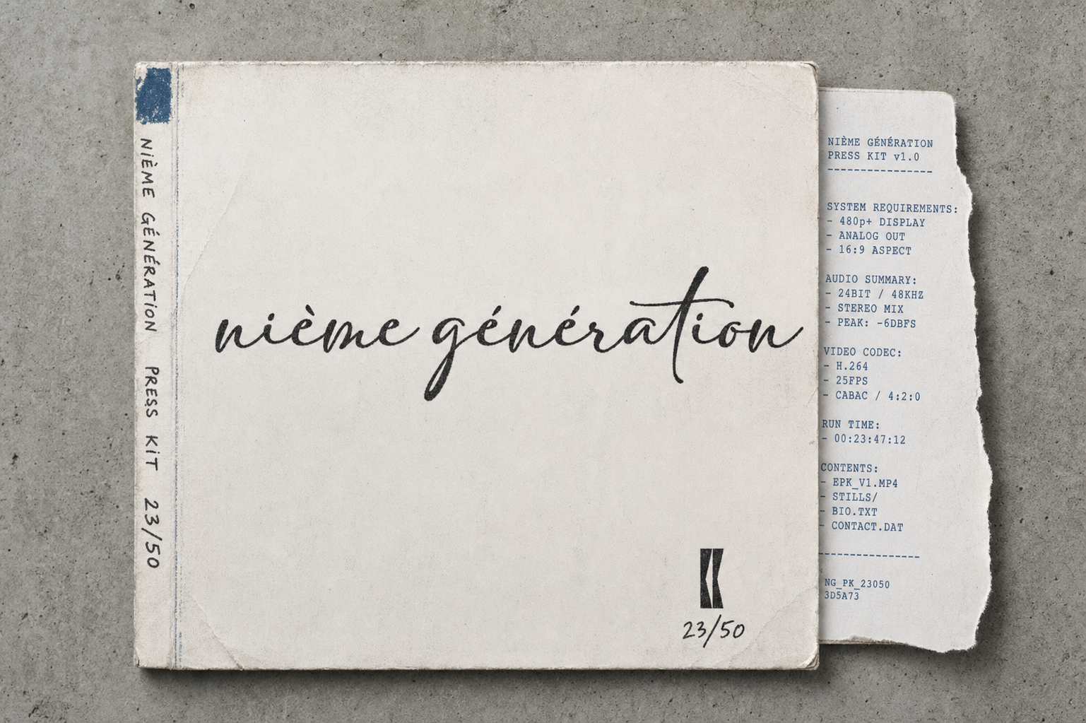Press kit sleeve printed with the nième génération script logotype, numbered 23 of 50